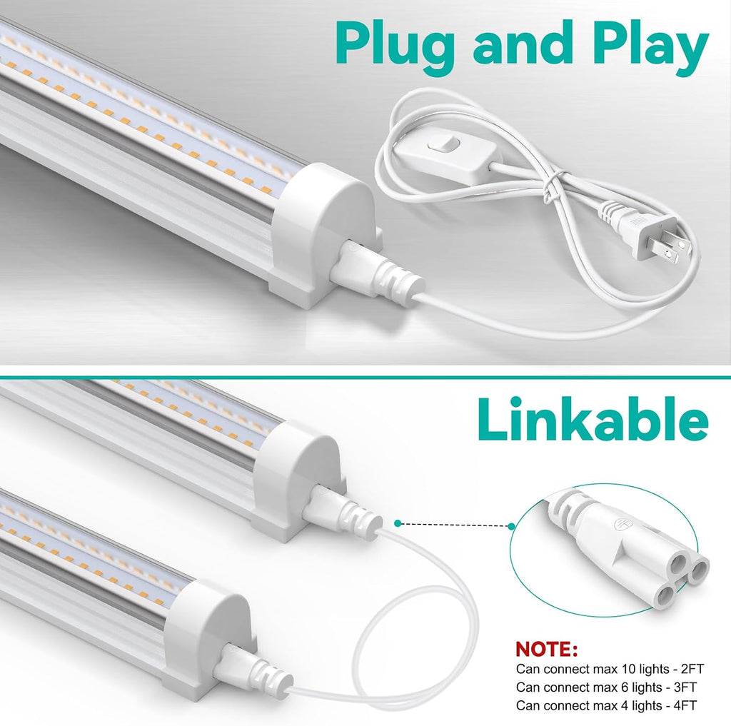 JESLED 4FT Grow Lights, 5000K Full Spectrum Sunlight White, V-Shaped Beam | 96W(2 X 48W), 600W Equiv, On/Off Switch, T8