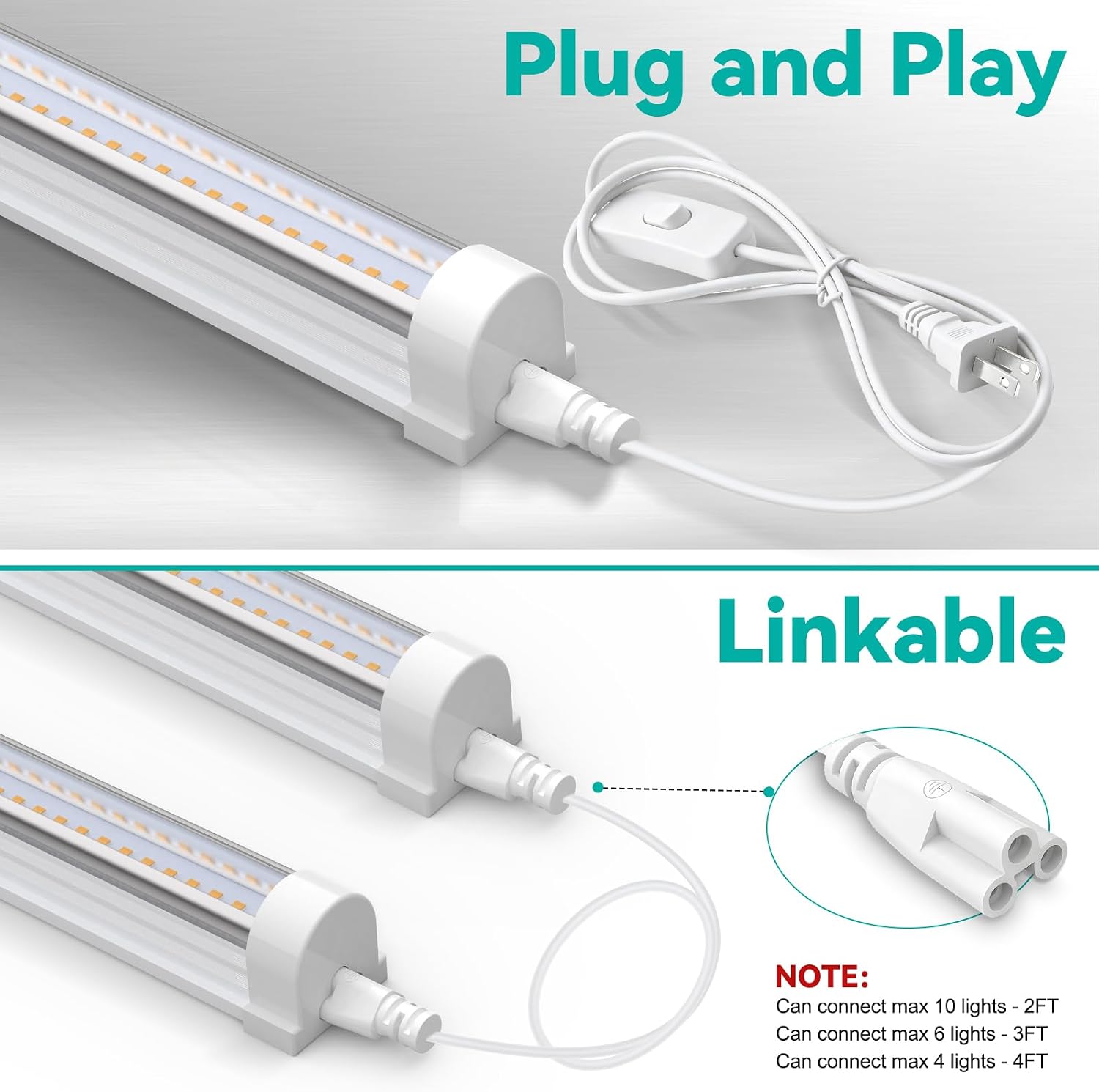 JESLED 4FT Grow Lights, 5000K Full Spectrum Sunlight White, V-Shaped Beam | 96W(2 X 48W), 600W Equiv, On/Off Switch, T8