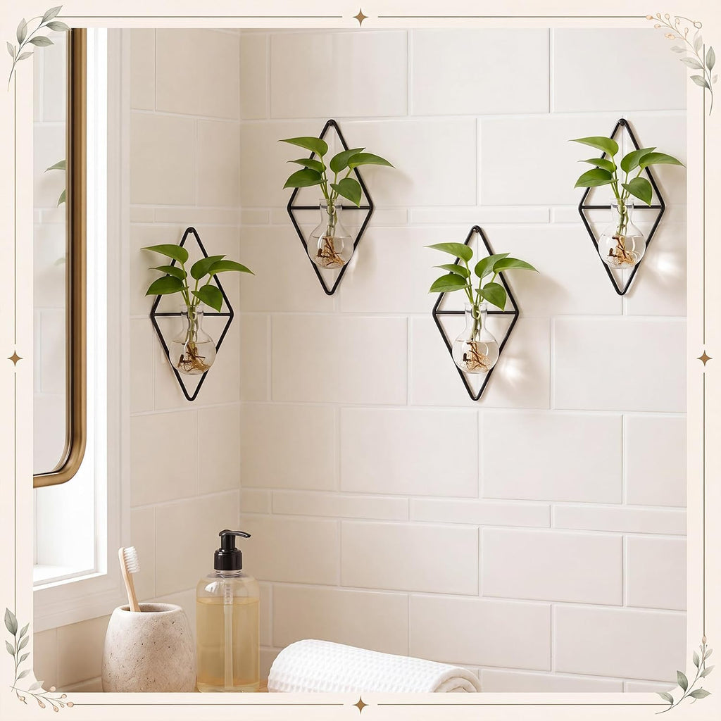 4 Pack Wall Hanging Glass Vase with Metal Frame, Wall Mounted Plant Propagation Station, Diamond Shape Hydroponic Glass