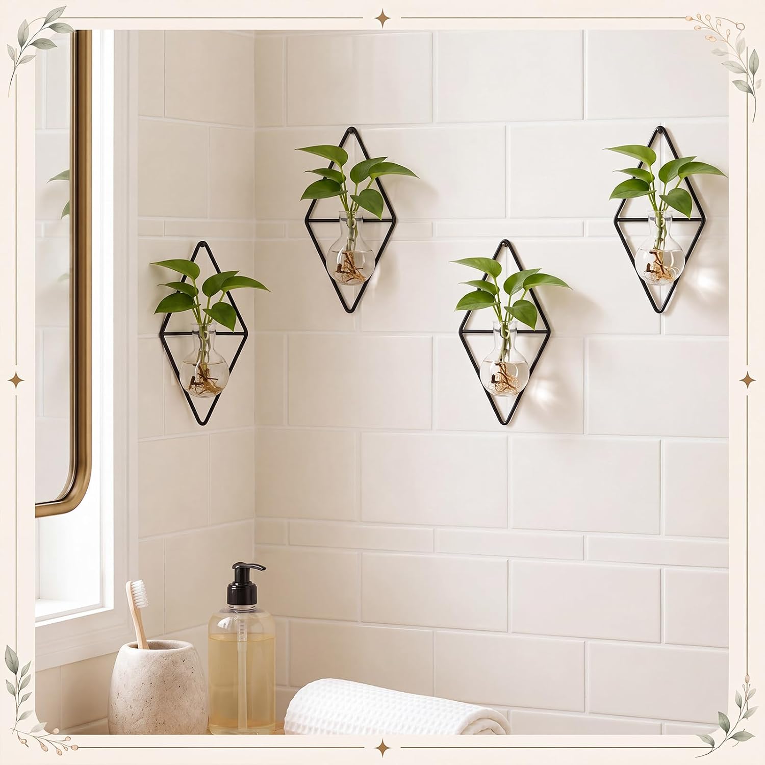 4 Pack Wall Hanging Glass Vase with Metal Frame, Wall Mounted Plant Propagation Station, Diamond Shape Hydroponic Glass