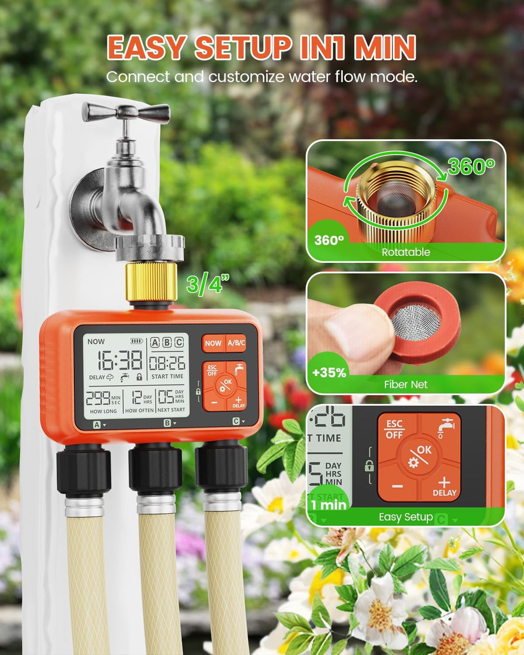 Sprinkler Timer 3 Zone with Brass Inlet Water Timer for Garden | Programmable Hose Faucet Controller with Independent