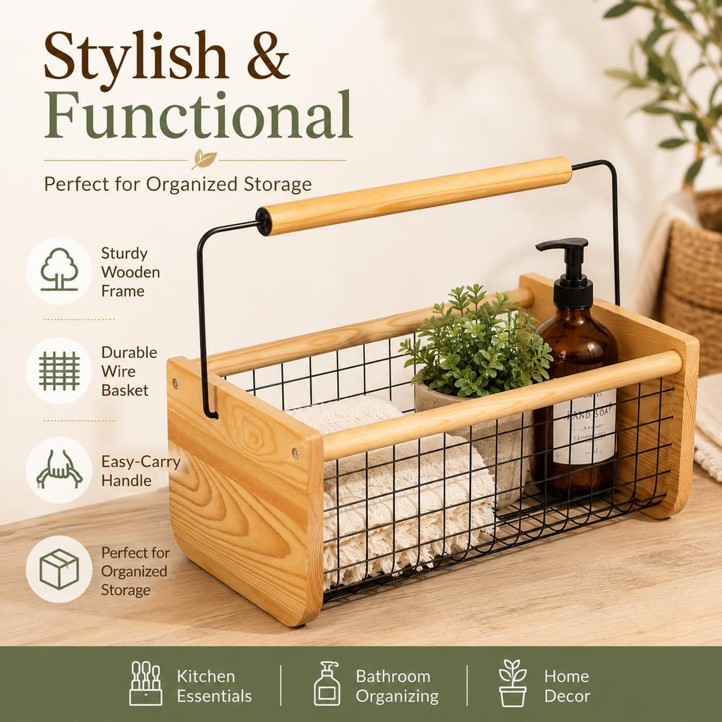 Vintage Harvest Basket Pine Wood & Metal Mesh Wire Design Wooden Frame with Straight Handle for Fruits Vegetables