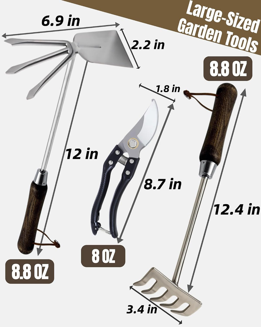 Garden Tool Set, 6PCS Heavy Duty Stainless Steel Gardening Hand Tools with Ropes, Includes Hand Cultivator Shovel