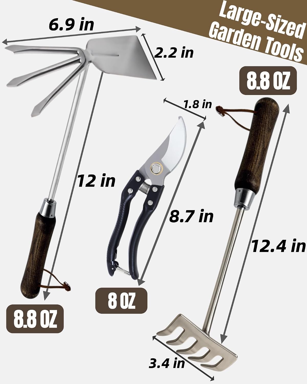 Garden Tool Set, 6PCS Heavy Duty Stainless Steel Gardening Hand Tools with Ropes, Includes Hand Cultivator Shovel