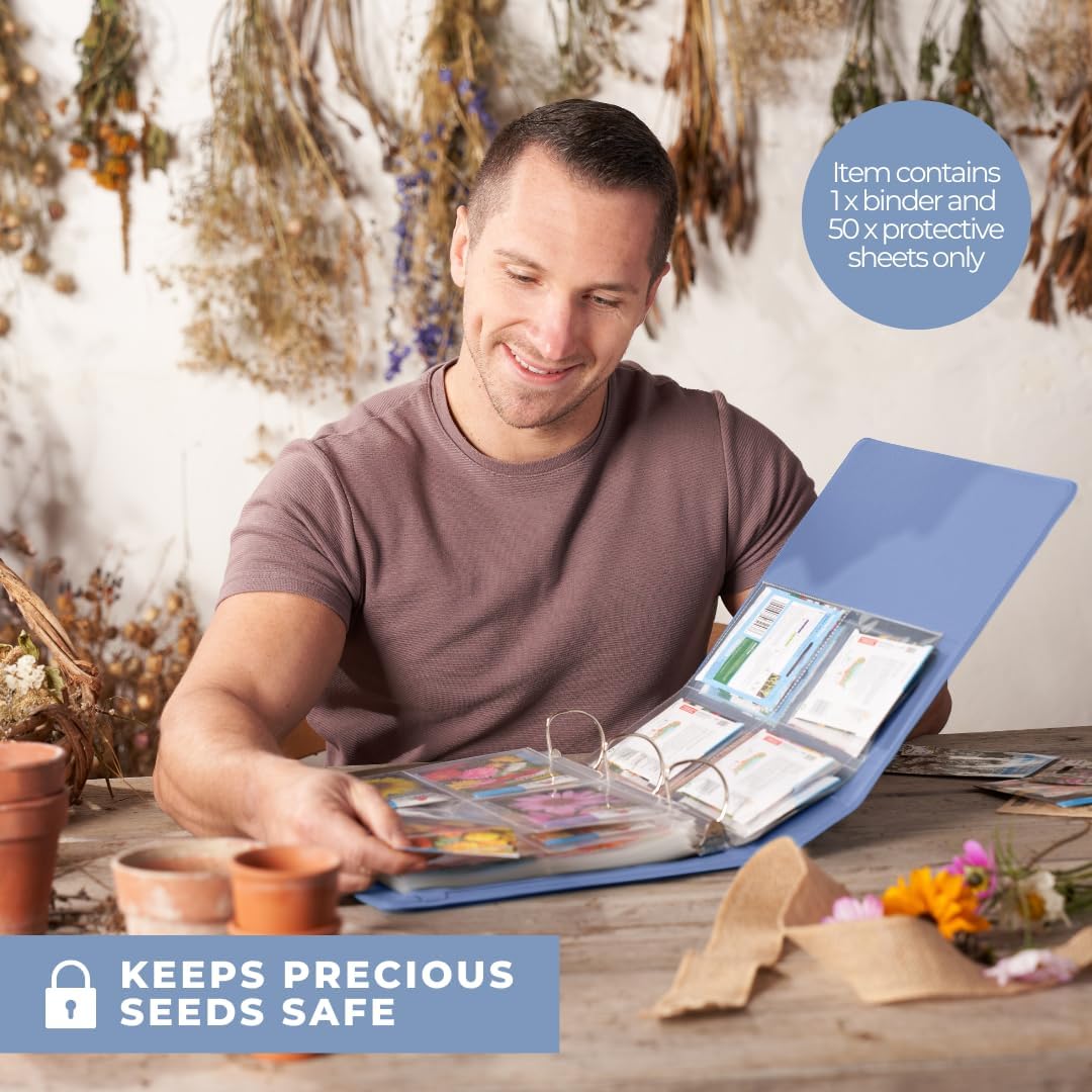 Wildgoose Seed Binder - Garden Seed Packet Organizer, Storage Book, Blue | 50 sheet protectors hold 200 envelopes