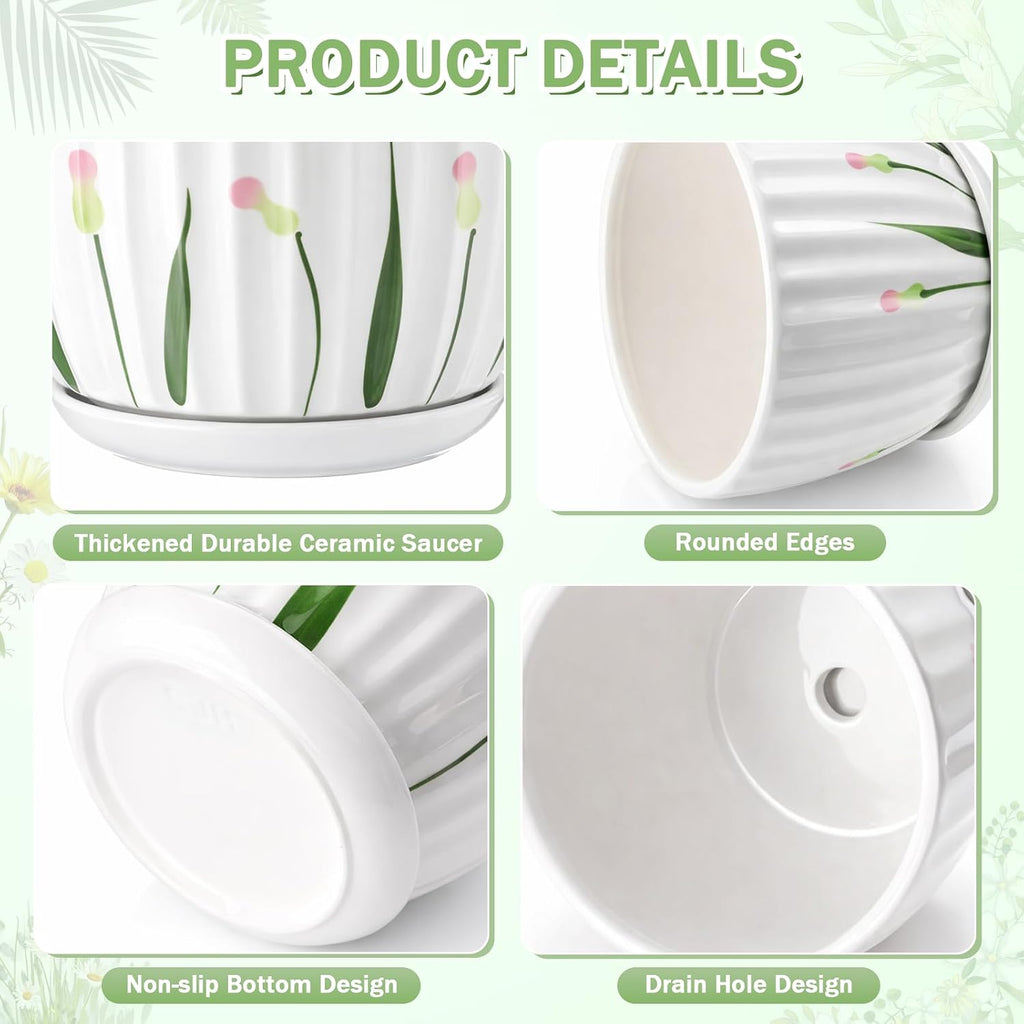 4 Pack Ceramic Orchid Pots with Drainage Holes and Tray 3.35+4.33+5.51+6.61 Inch Ceramic Plant Pot White Garden Planter