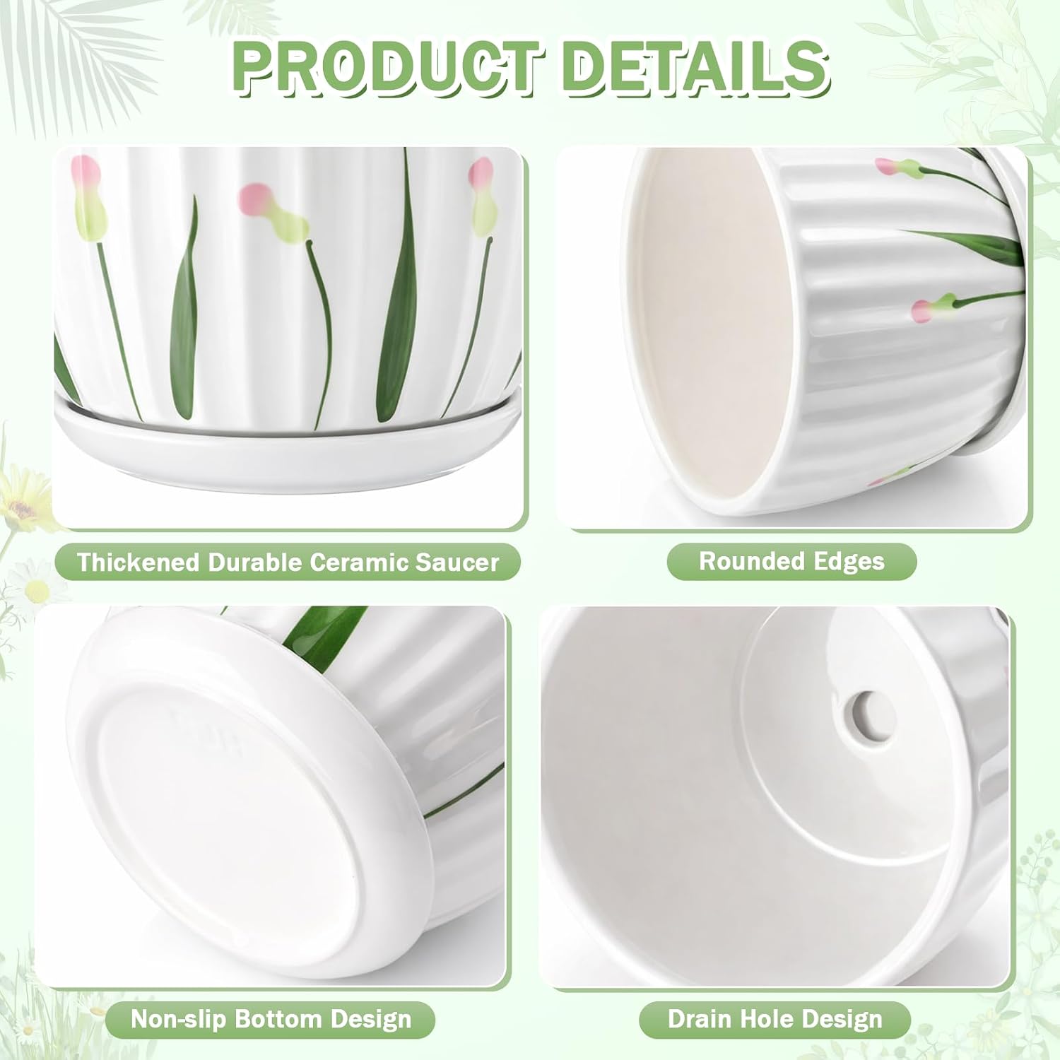 4 Pack Ceramic Orchid Pots with Drainage Holes and Tray 3.35+4.33+5.51+6.61 Inch Ceramic Plant Pot White Garden Planter