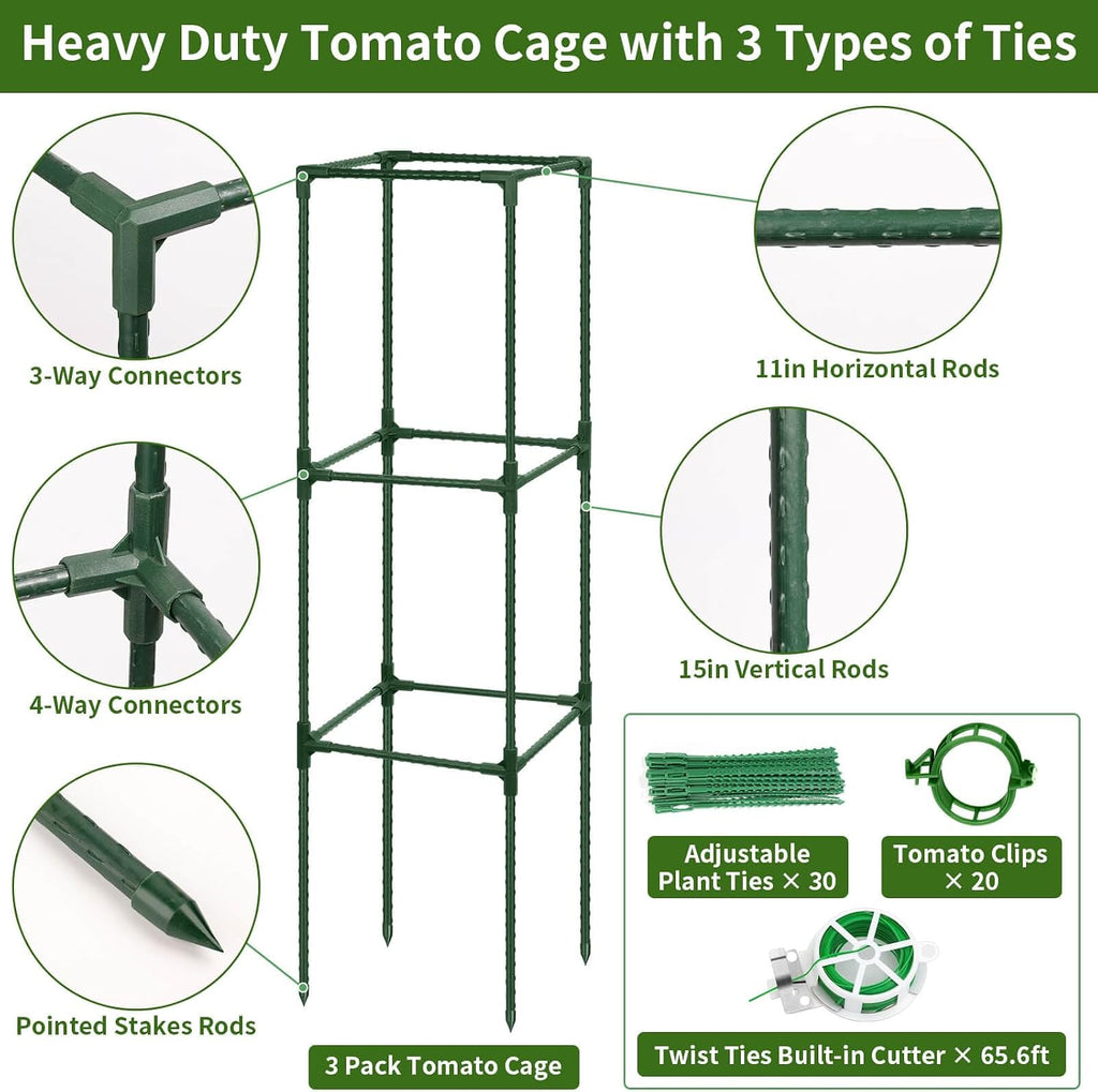 ROADPLUM 3 Pack 48" Tomato Cage for Garden, Heavy Duty Adjustable Plastic Coated Steel Pipe Tomato Stakes Trellis Plant