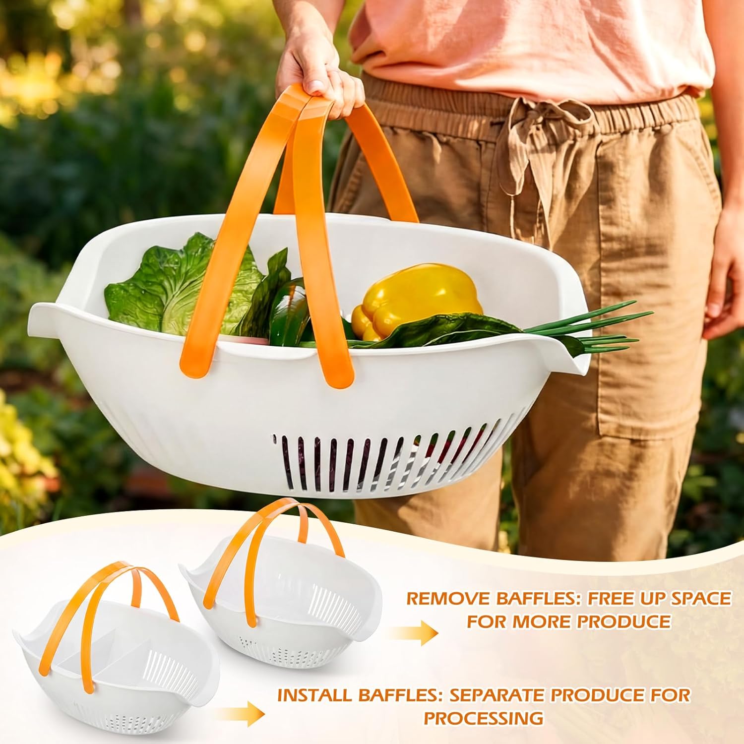 Nuogo 3 Pcs Garden Harvest Basket with Dividers Tool Caddy,White | Removable Partitions, Doubles Colander for Veggies