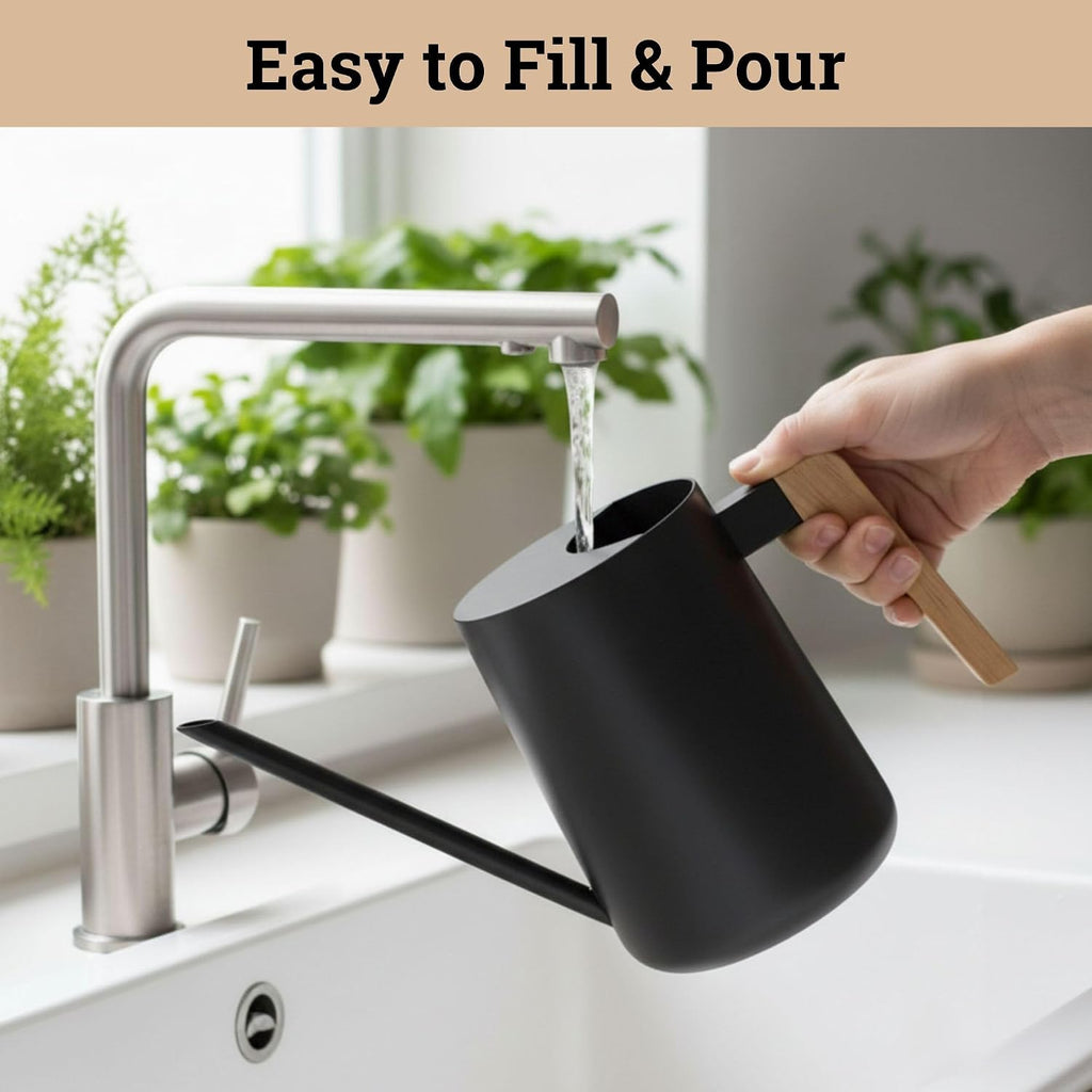 Metal Small Indoor Watering Can with Long Spout & Real Wood Handle, 35oz | Long Spout, Stainless Steel, Real Wood