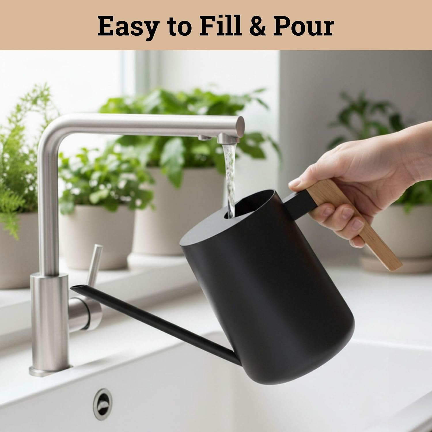 Metal Small Indoor Watering Can with Long Spout & Real Wood Handle, 35oz | Long Spout, Stainless Steel, Real Wood