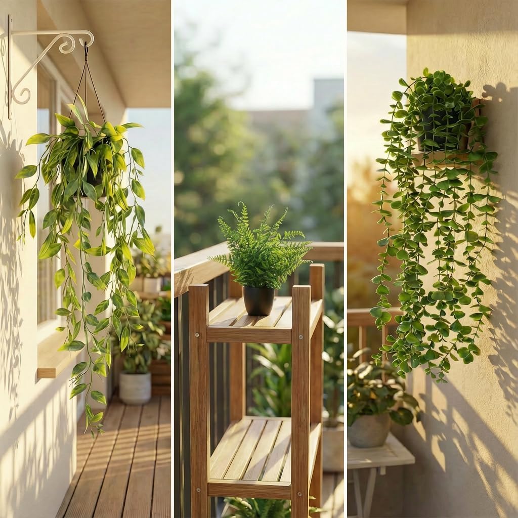 5 Pack Fake Plants - Artificial Hanging Plants & Small Potted Faux Eucalyptus Fern Ivy, UV Resistant Maintenance-Free