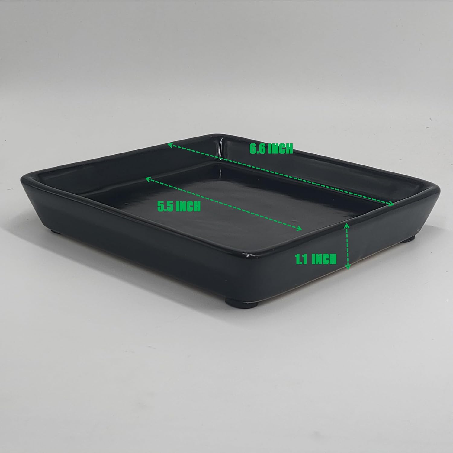 Square Ceramic Plant Saucer Tray 2 Pcs 5 6 Inch Black, 6.6" OD x5.5 ID x1.1 Deep, Sturdy Heavy Duty Glazed Planter Drip
