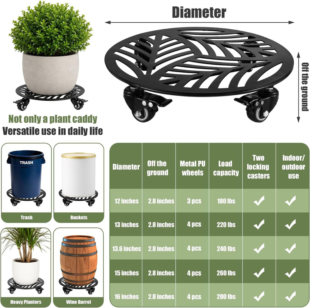 2-Pack Large Metal Plant Caddy with Wheels 13.6 Inches Heavy-duty Rolling Plant Stands with Casters Wheeled Flower Pot