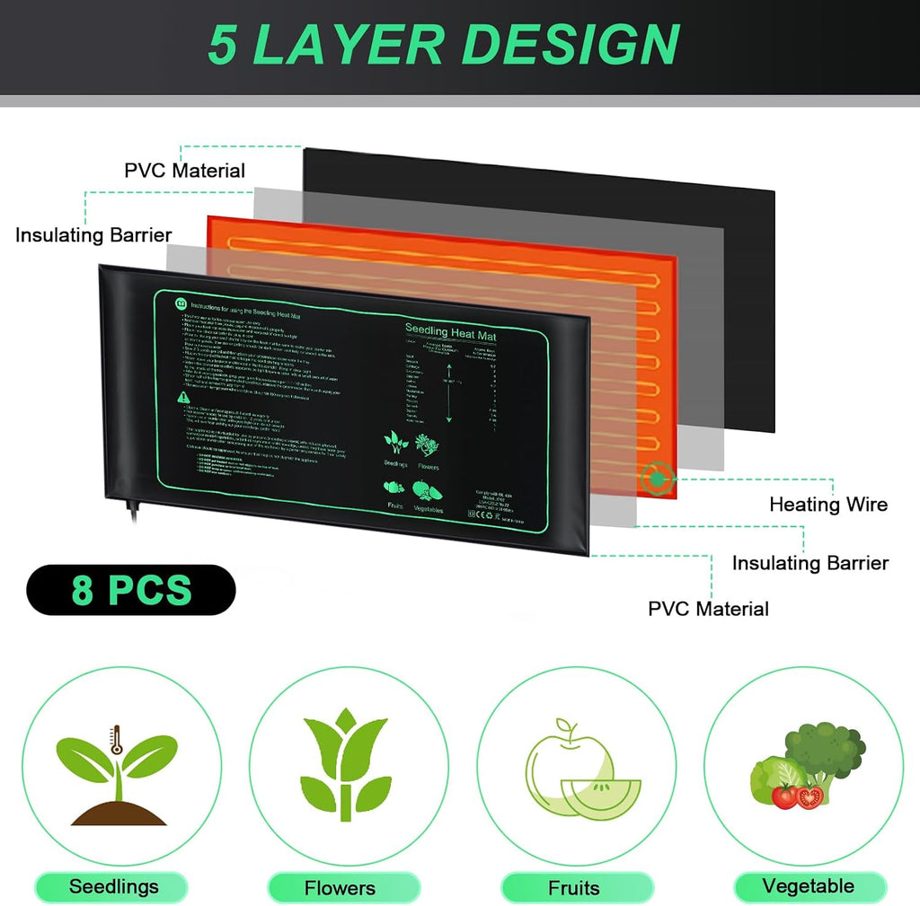 ROCEEI 8 Pack Seedling Heat Mat Bulk, 10" x 20.75" Heat Mats for Seed Starting Plant Heating Mat Grow Mats Waterproof