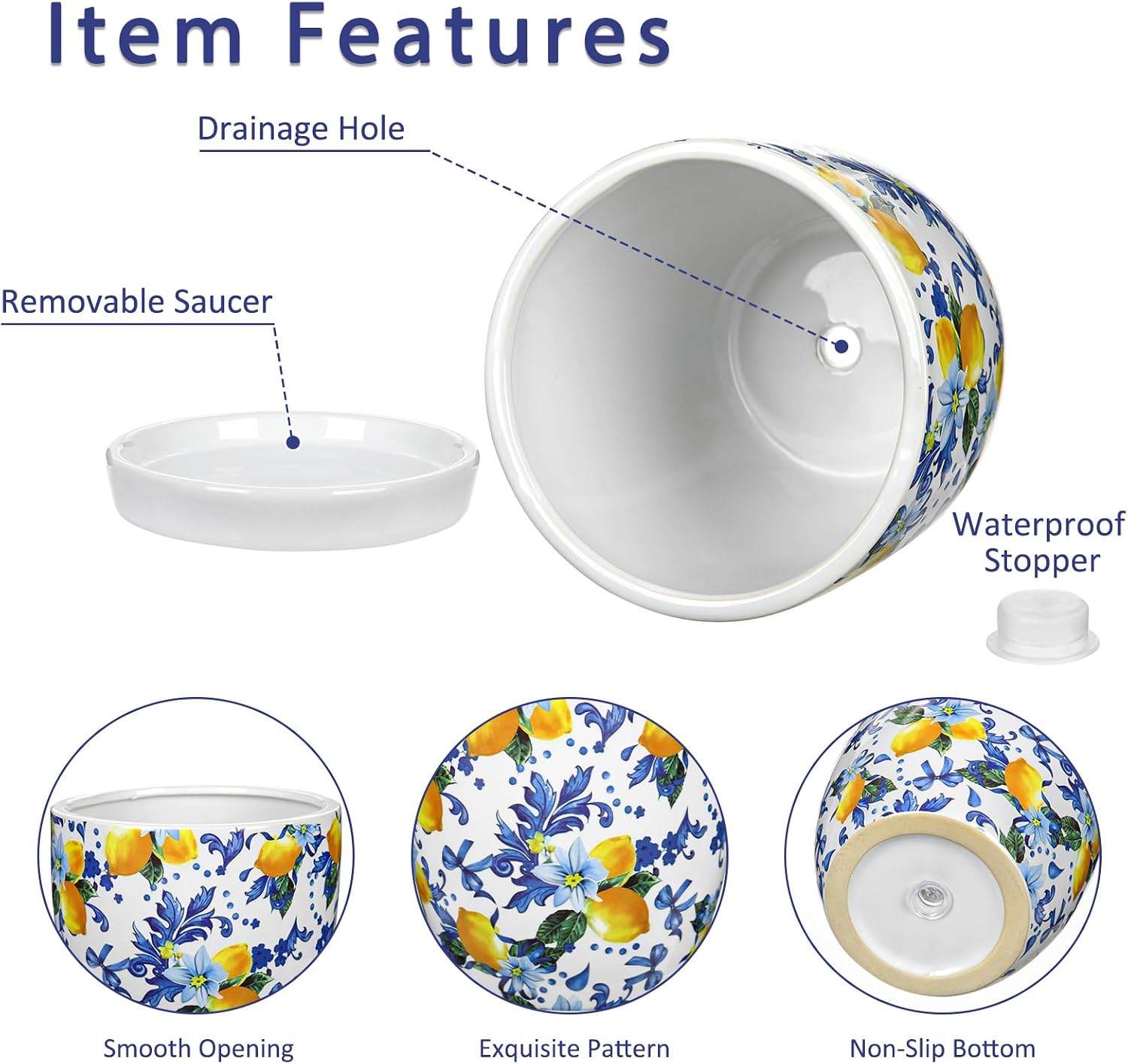 5.3+4.3 inch Ceramic Plant Pots, Set of 2 Blue and White Plant Pot with Drainage Holes and Saucers Small Lemon Indoor