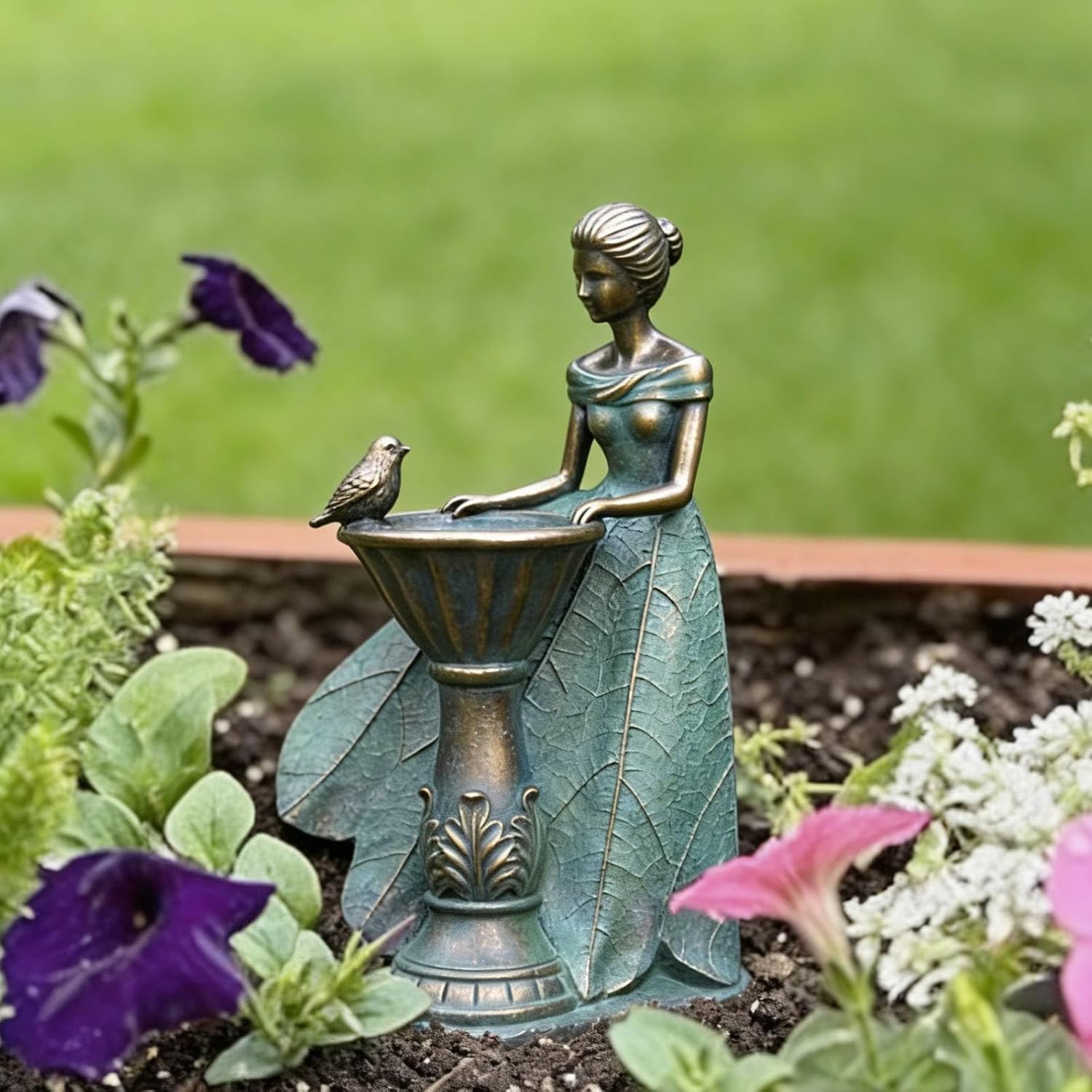 DiliComing Fairy Outdoor Statue Garden Decor with Solar Birdbath 12 Inch | Resin Leaf Girls Birdbath Sculpture