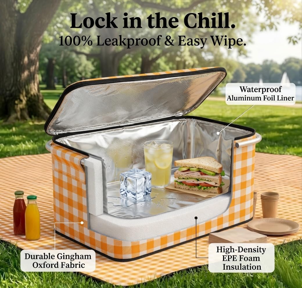 22L Collapsible Picnic Basket with Waterproof Blanket - Insulated Cooler Bag & Yellow Plaid Hamper Set - Includes