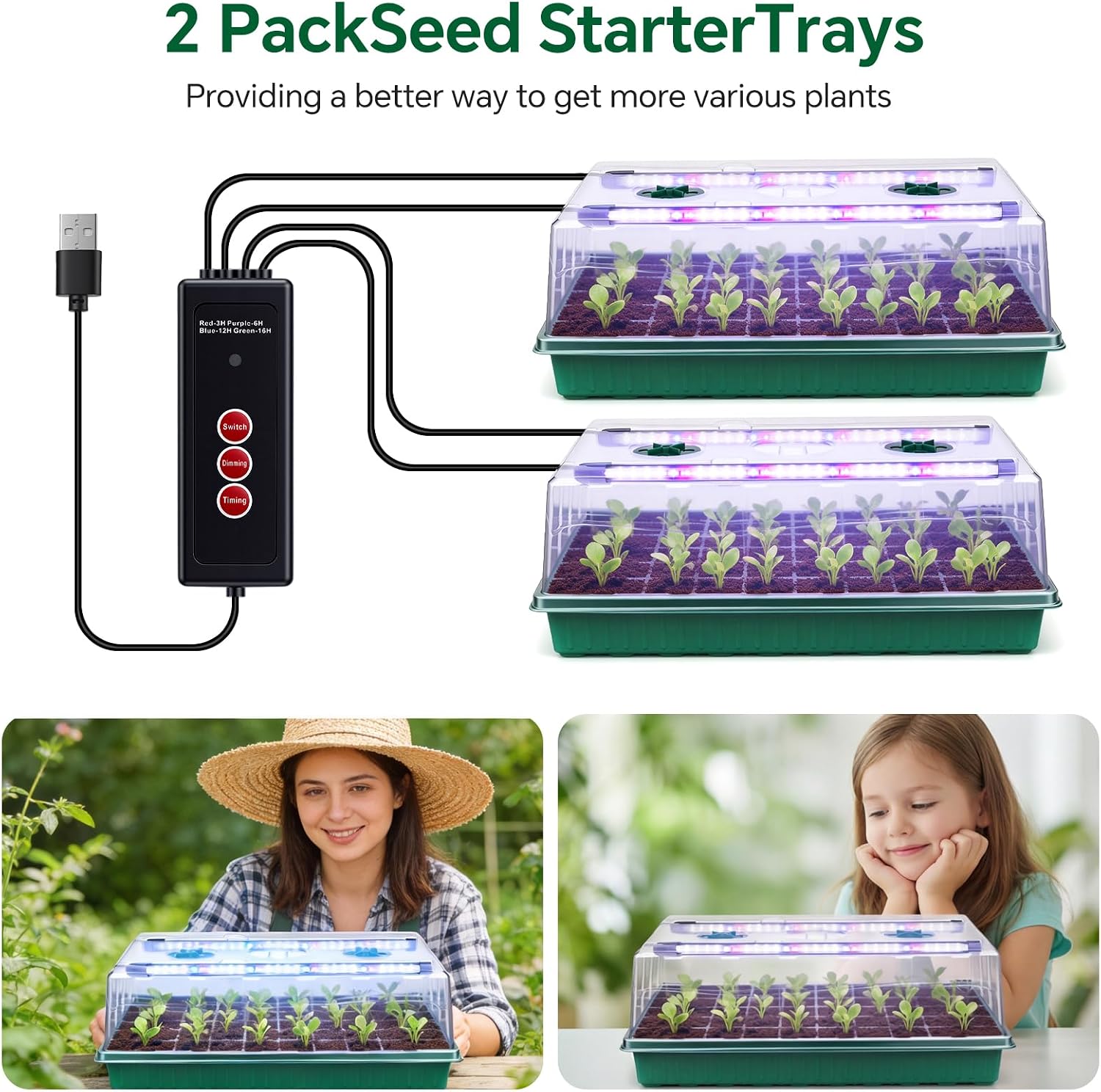 2 Pcks Seed Starter Tray 120 Cells Seed Starter Kit with Grow Light, Seed StartingTrays for Seed Seedling Planting