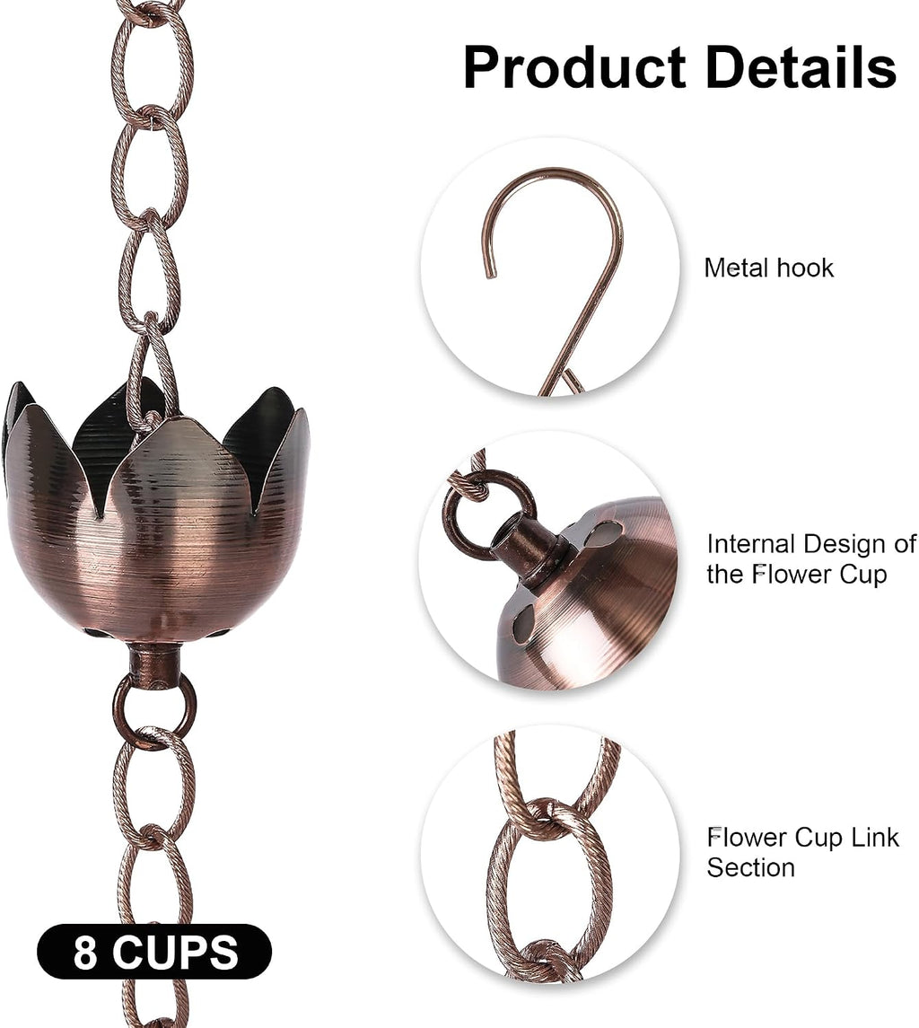 6FT Lotus Rain Chain, Metal Rain Chains for Gutters with 8 Cups | Adjustable Rainwater Catcher Chain for Outside, Rain