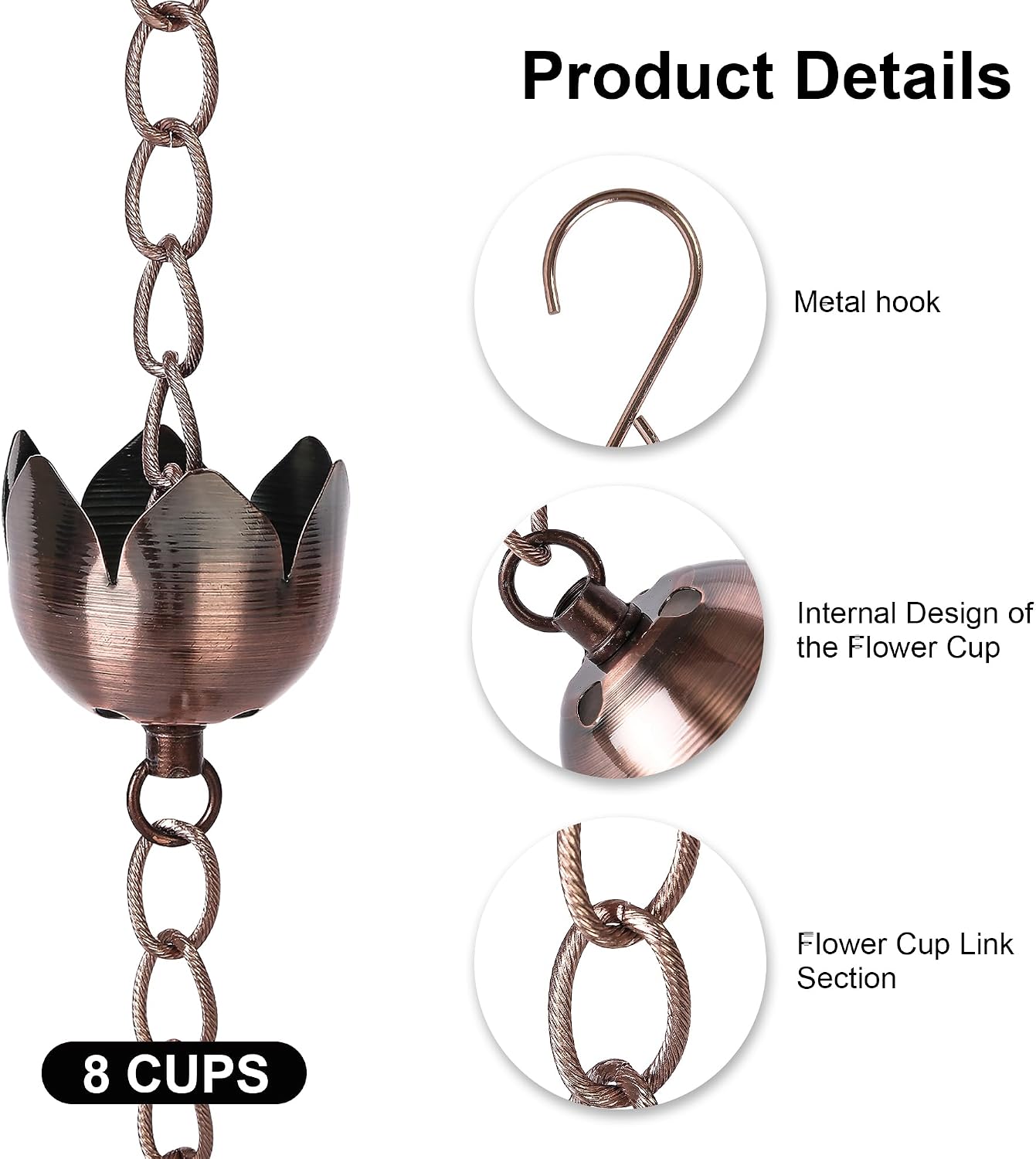 6FT Lotus Rain Chain, Metal Rain Chains for Gutters with 8 Cups | Adjustable Rainwater Catcher Chain for Outside, Rain