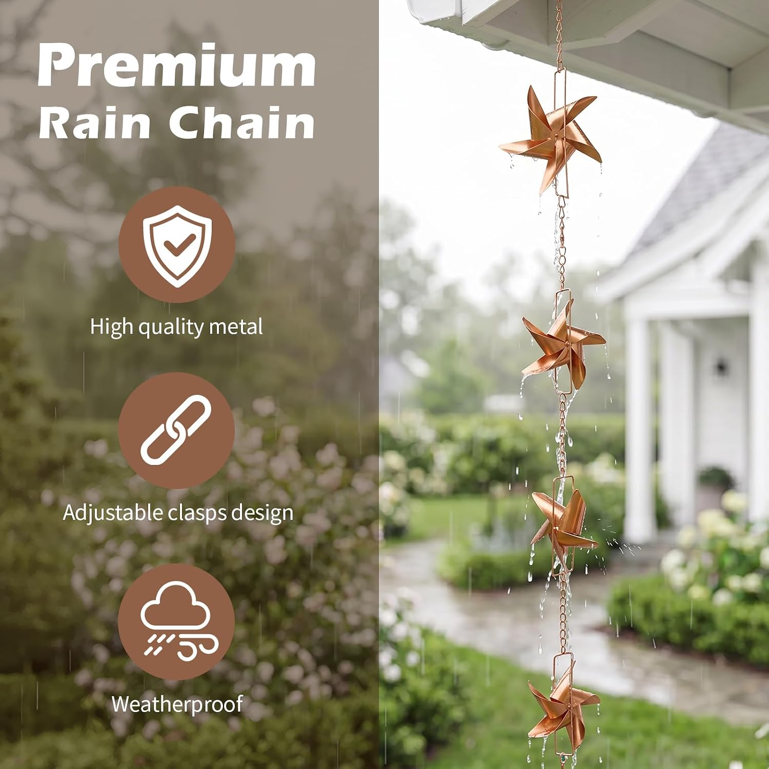6 FT Rain Chain with 6 Windmill Cups Outdoor Gutter Downspout Decor | Rain Chains for Gutters, Windmill Rain Catcher