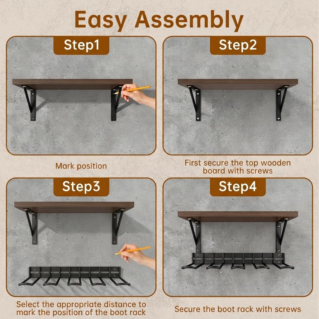Wall Mount Boot Rack, Garden Tool Organizer With Curved Hooks & Wood Shelf | Heavy Duty Wader Boot Hangers Organizer