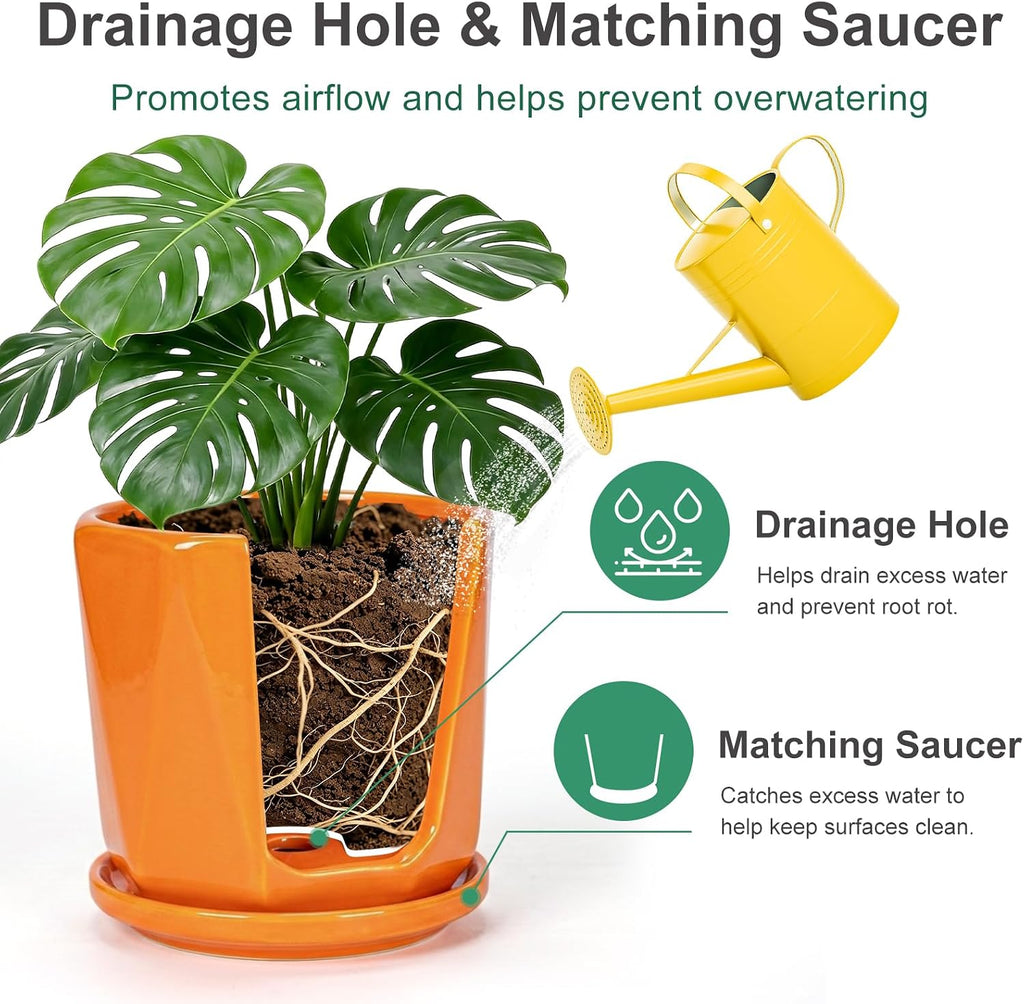 Ceramic Plant Pots Set of 3, Indoor Planter with Drainage Holes and Saucers | Orange Flower Pots for Indoor Plants