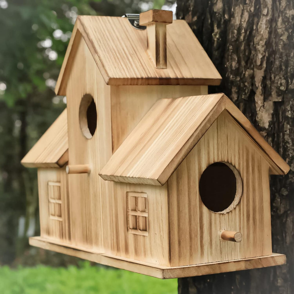 Bird Houses for Outside 3 Hole Bird House Room for 3 Bird Families Outdoor Bluebird Finch Cardinals Wooden Hanging