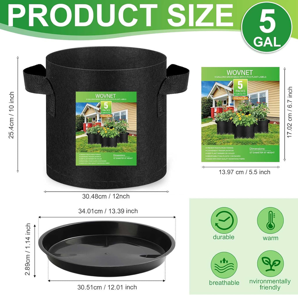5 Pack 5 Gallon Grow Bags with 5 Plant Saucer and 5 Labels 260g Thickened Nonwoven Fabric Plant Pots with Handles