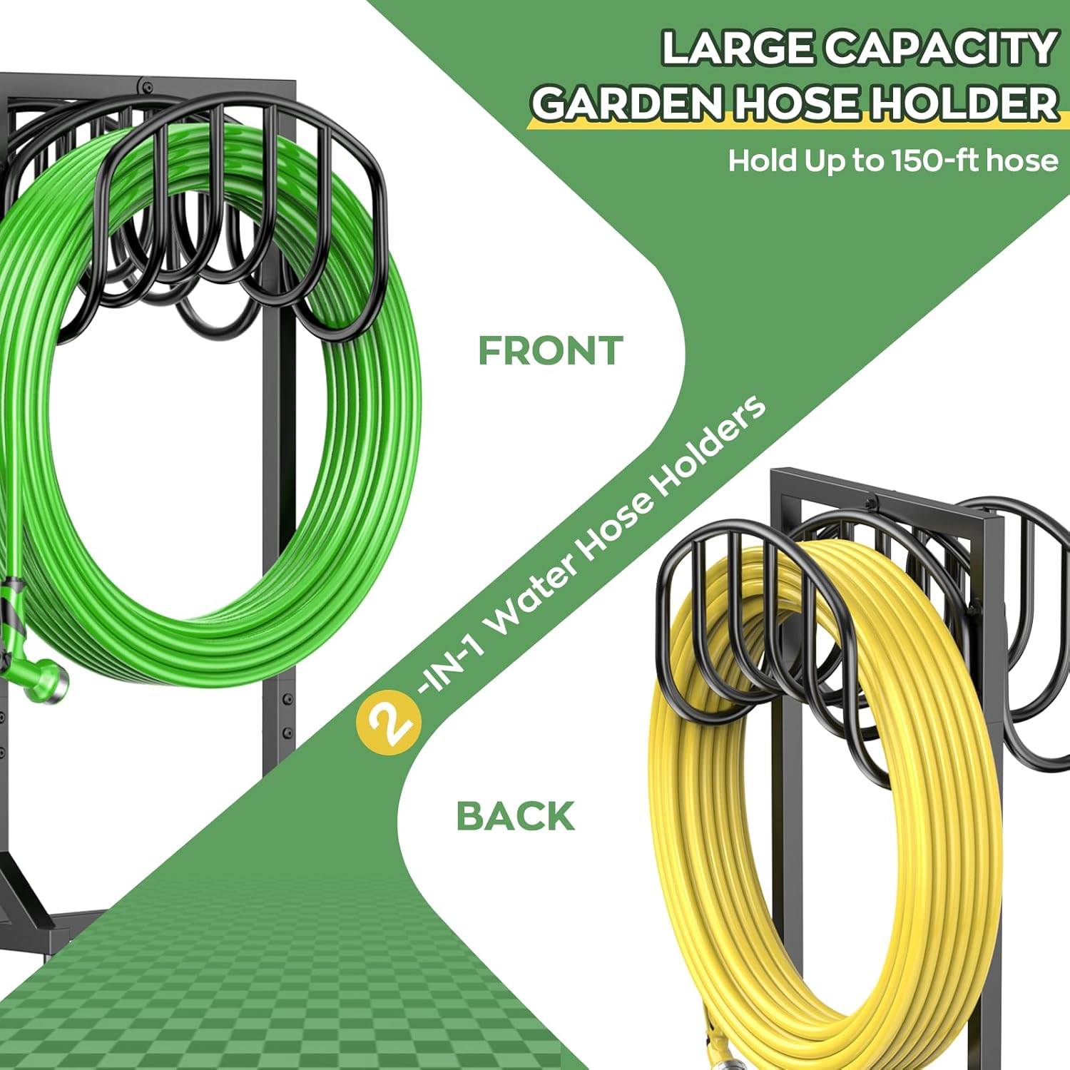 Garden Water Hose Holder Holds 2 * 150Ft Hoses, Heavy-Duty Metal Freestanding Hose Holder with 4 Spikes, Rustproof