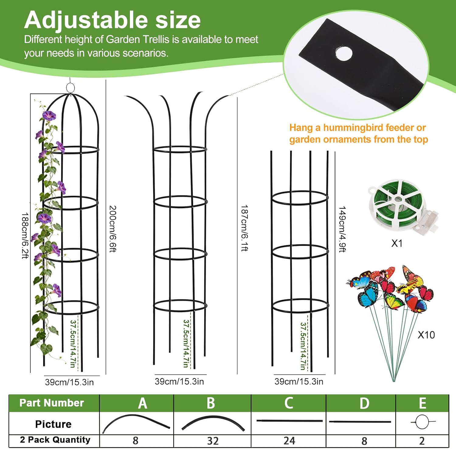 100% Metal 2 Pack Obelisk Garden Trellis 6.6 Ft Plant Support for Climbing | Flowers Stands,Rose Bush Round Trellis for