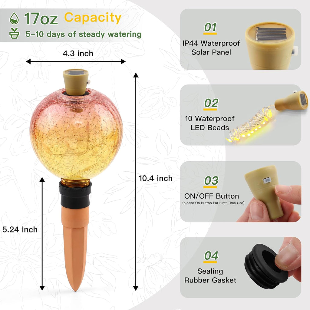 SAVENNA Crackle Glass Plant Watering Globe with Terracotta Spike,Self-Watering Irrigation for Potted Plants, with Solar