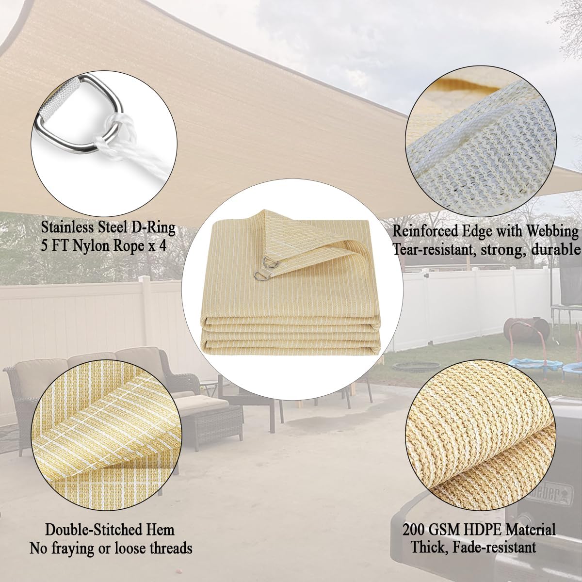 12x16 FT Sun Shade Sail, 90% UV Block 200GSM Flat-Edged Shade Cloth | Heavy Duty Beige Sunshade Canopy, Breathable