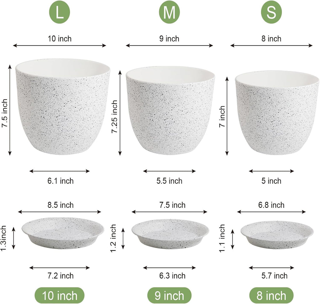 WSMKSZ 10/9/8 inch Medium Plant Pots, Set of 3 Modern Decorative Plastic Planters with Drainage Holes and Saucers for