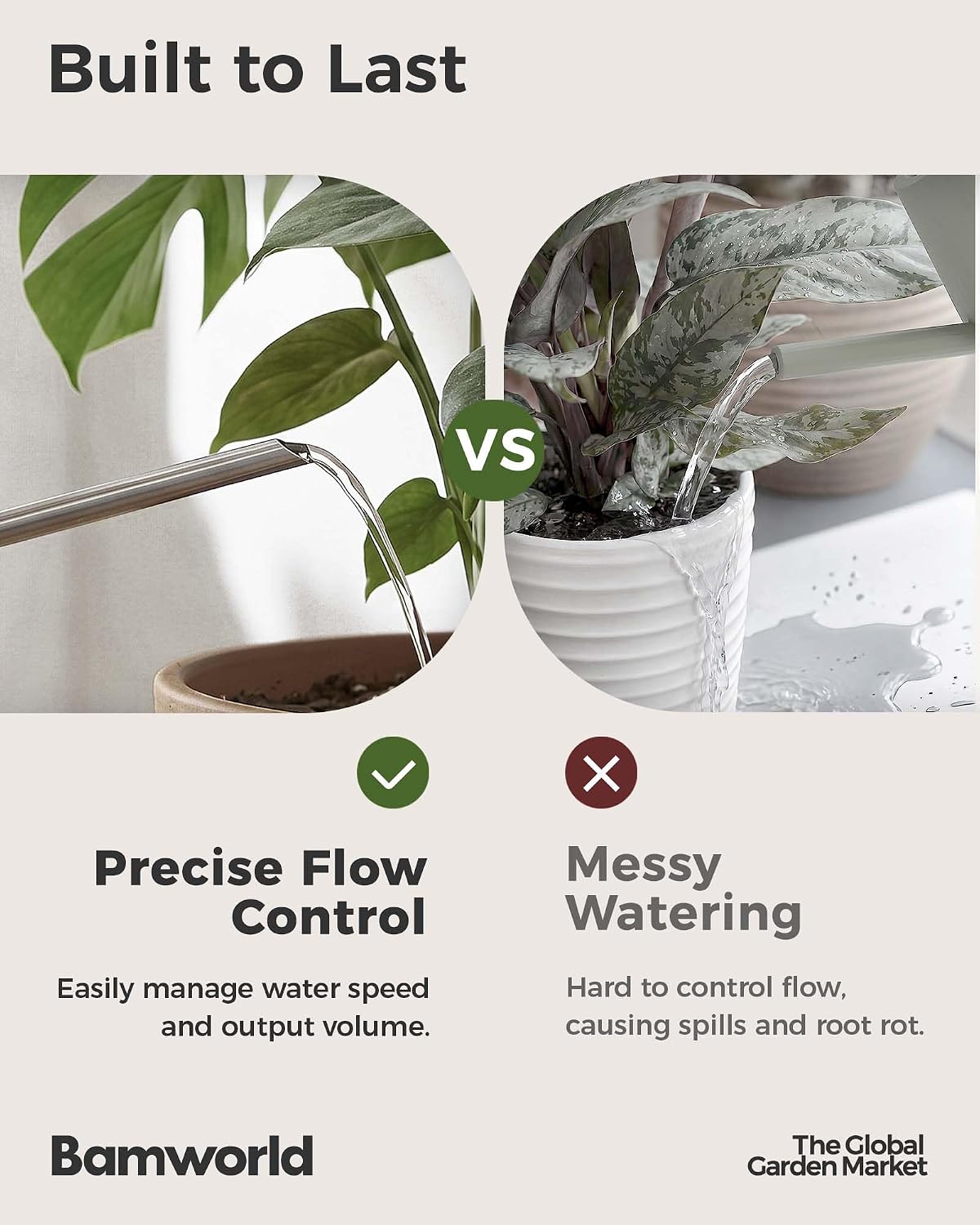 Bamworld Metal Watering Can for Indoor Outdoor Plant 1L/35oz Silver | Stainless Steel Watering Can with Long Spout for