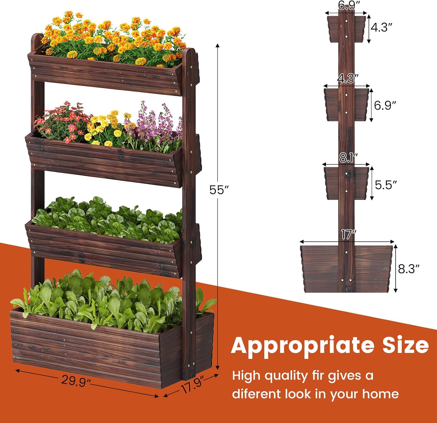 GHWIE Wooden Garden Planter Box, Raised Bed with Vertical Plant Rack, Indoor Outdoor Flower Herb Vegetable Stand