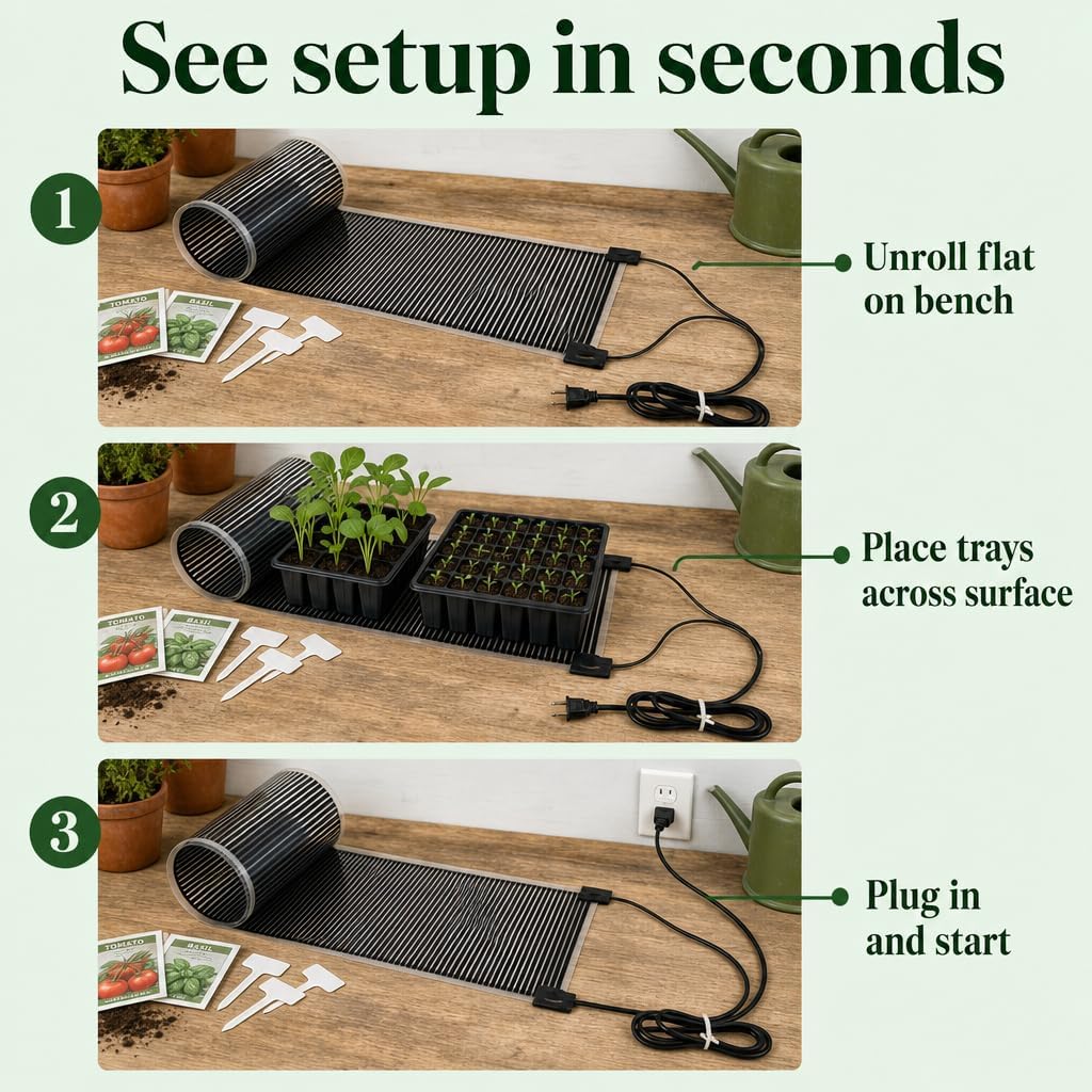 Seedling Heat Mat 11 in x 24 in, Even Heating, Water-Resistant Pad | Made in USA, Seed Starting, Helps Warms 10-20°F