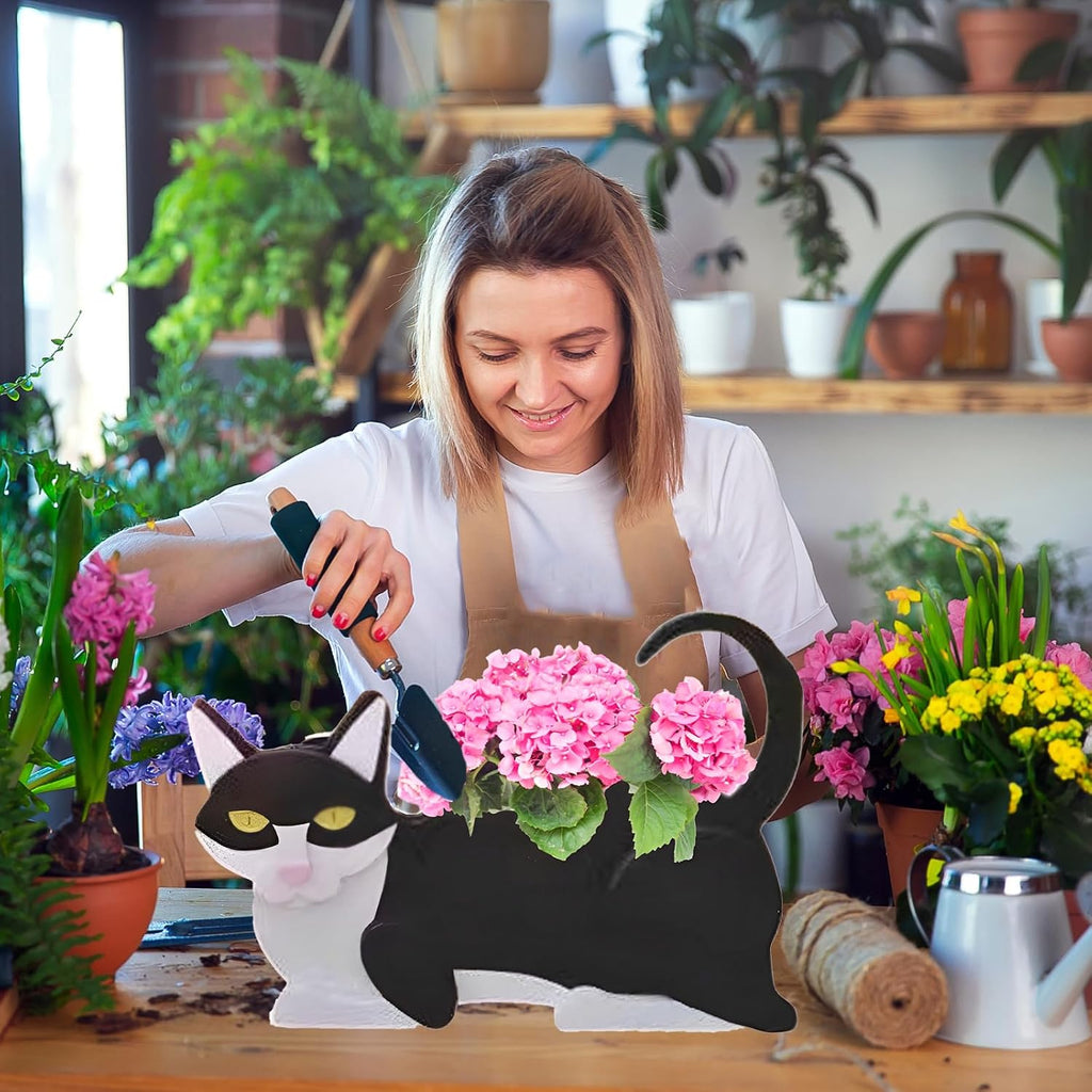 Black and White Cat Planter Pots, Animal Shaped Flower Pot | Cute Plant Gift for Women and Pet Lovers, Indoor Outdoor
