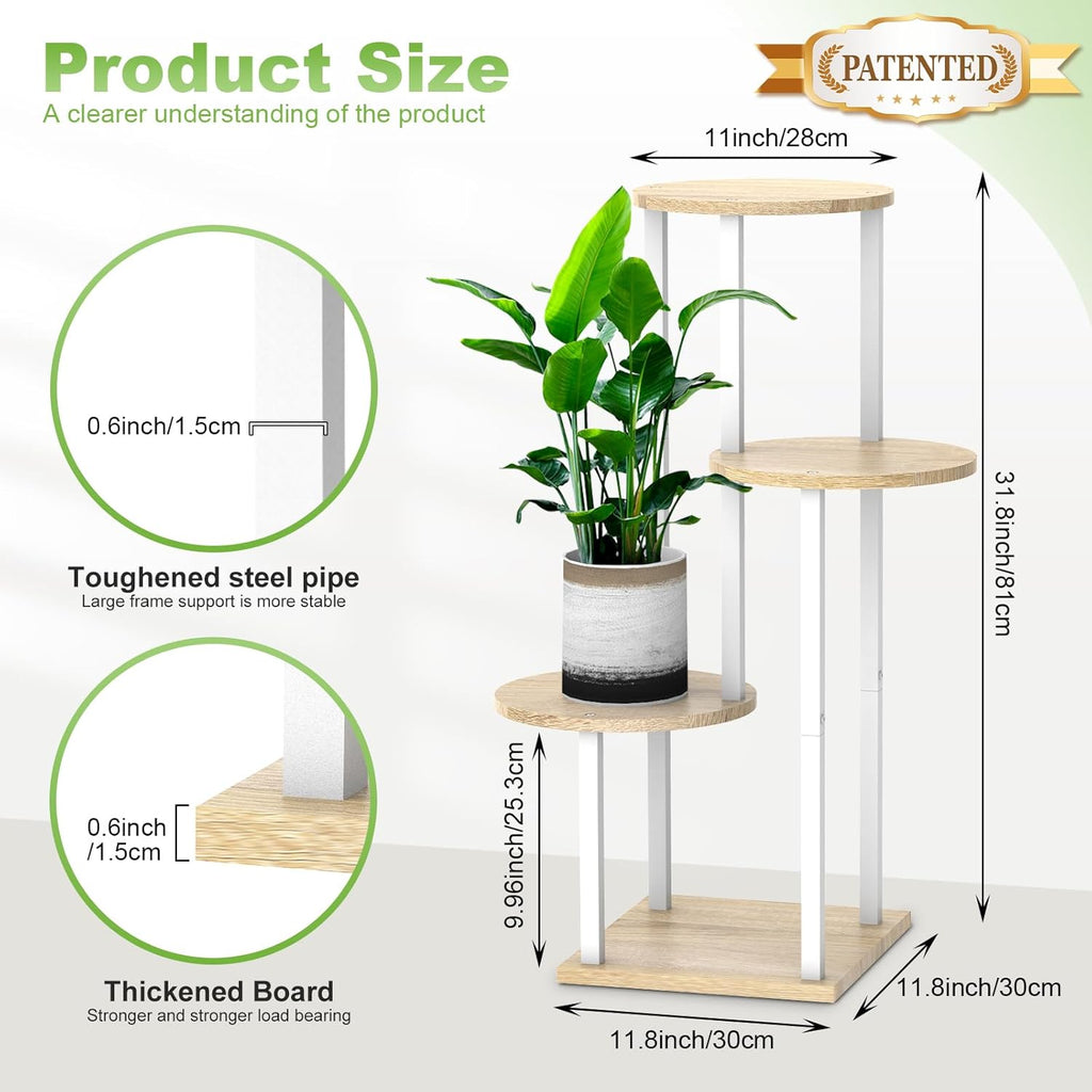 4 Tier Wood Tall Plant Stand Metal Rack Indoor, Multiple Flower Pot Holder Shelves Corner Rack, Round Planter Shelf