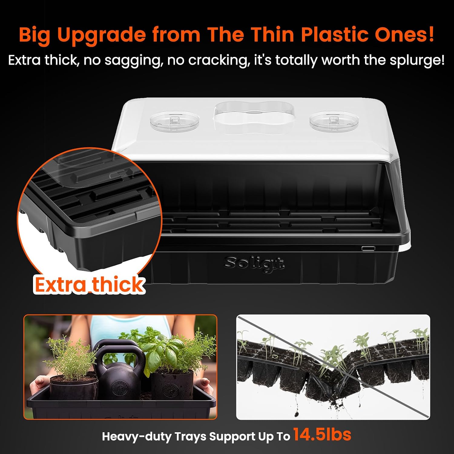 SOLIGT Thick Plastic 3-Set Strong Seed Starter Trays with 5" Humidity Domes | for Seed Starting, Germination, Seedling