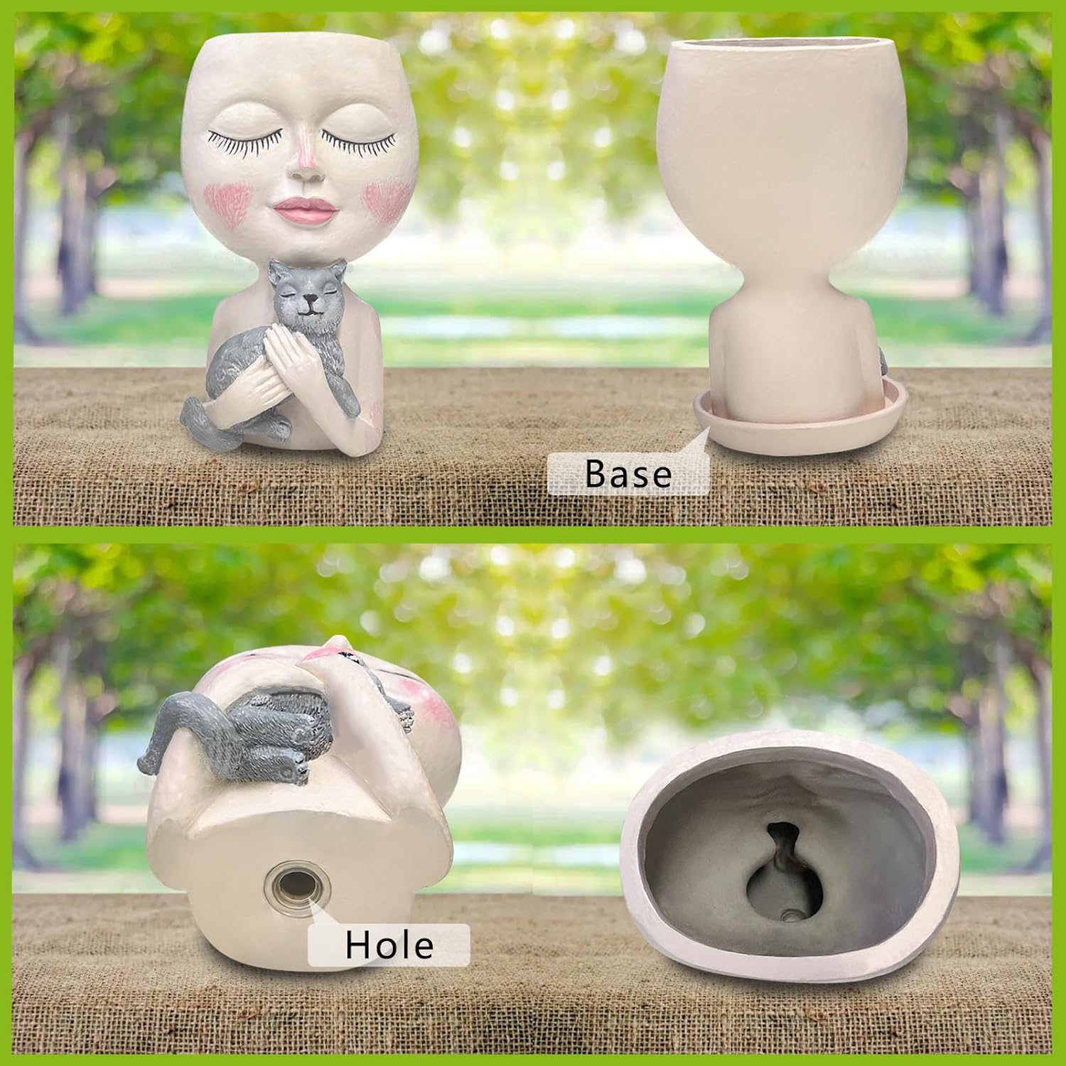 Head Planter with Drainage Hole, Resin Art Vase, Cute Lady Hugging Cat Succulent Flower Pots, Unique for Indoor Outdoor