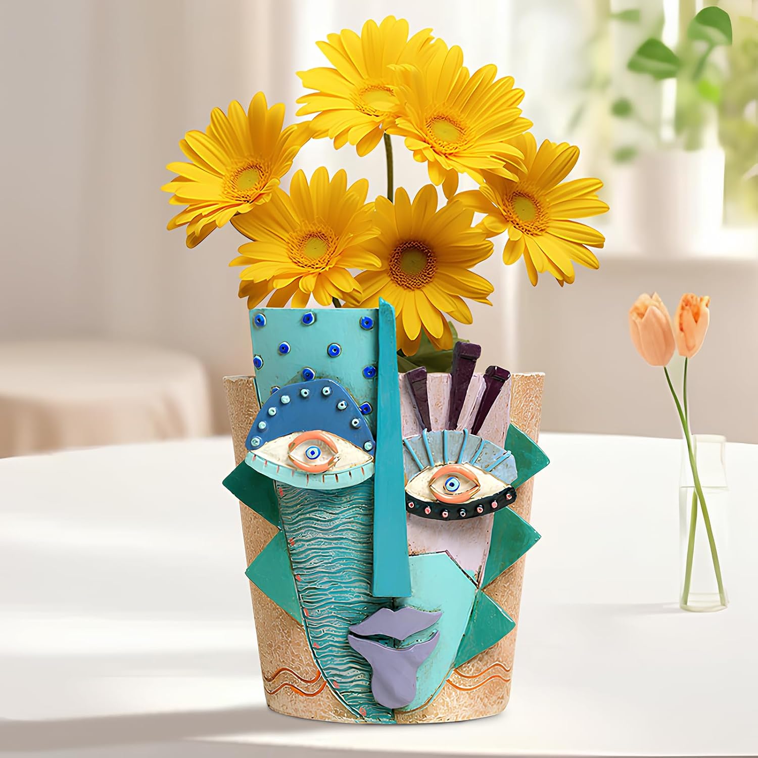 Mrlikale Abstract Face Planter Pots, Unique Head Planter with Drainage Hole | 6.4 Inch Hand-Painted Mask Flower Pot for