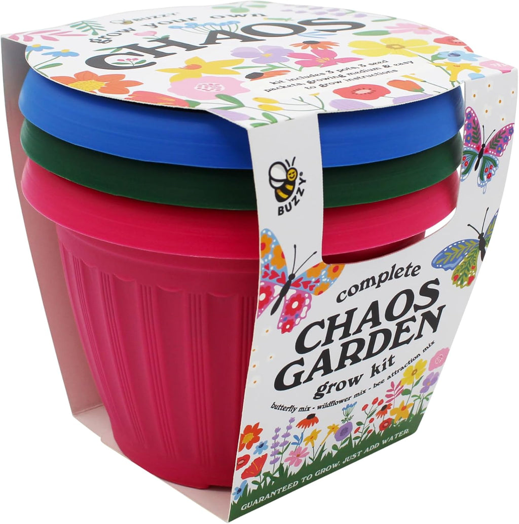 Buzzy Seeds Chaos Garden Grow Kit 3-Pack - Decorative Planter - Complete Indoor/Outdoor Gardening Kit with Seeds