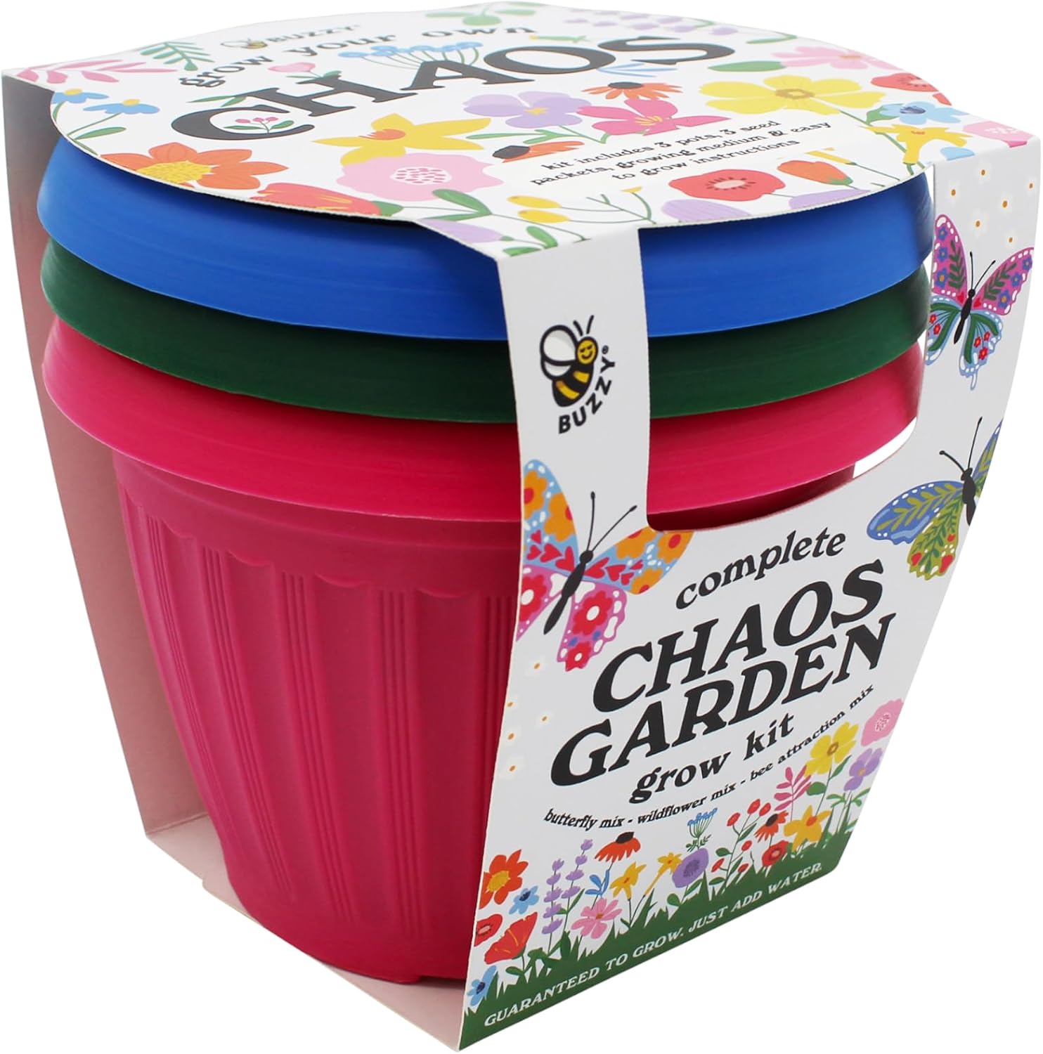 Buzzy Seeds Chaos Garden Grow Kit 3-Pack - Decorative Planter - Complete Indoor/Outdoor Gardening Kit with Seeds
