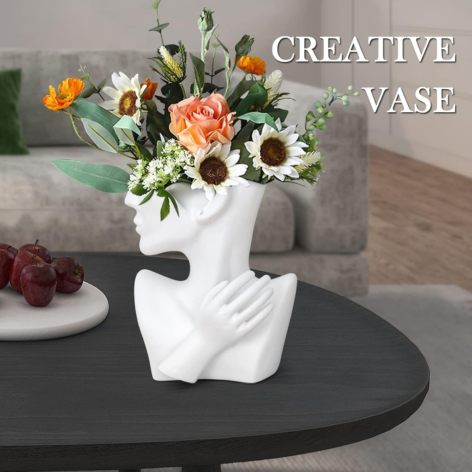 GDYOOSHOW Face Vases for Flowers Bust Planter Ceramic Head Vase Display Jewelry Rack White 9.84 Inches High Suitable