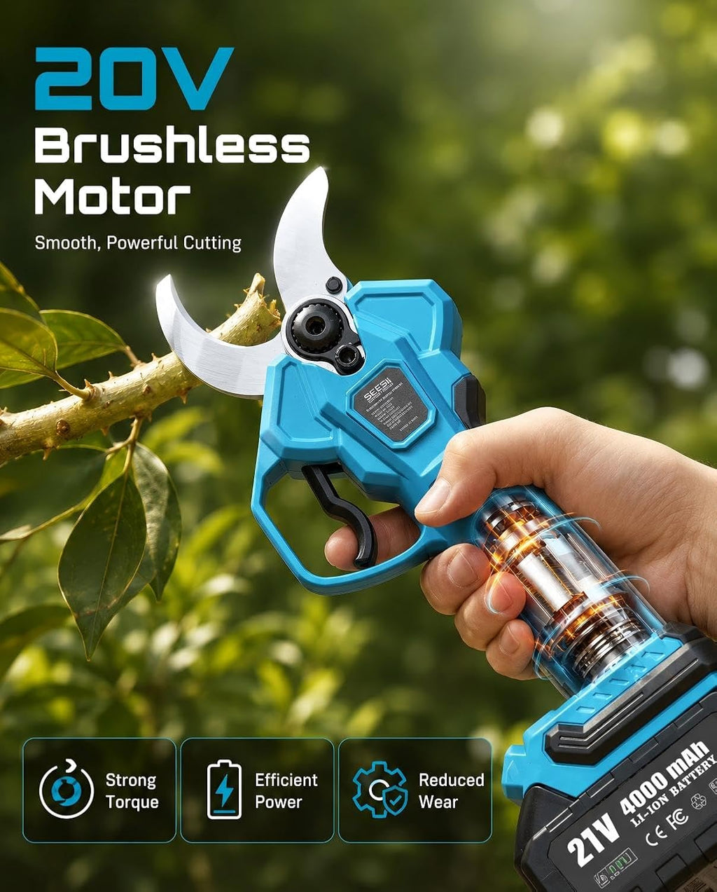 SEESII Electric Pruning Shears, 1.8" Cut Cordless Pruner, 2x4.0Ah Batteries | Brushless Motor, SK5 Blade, LCD Display