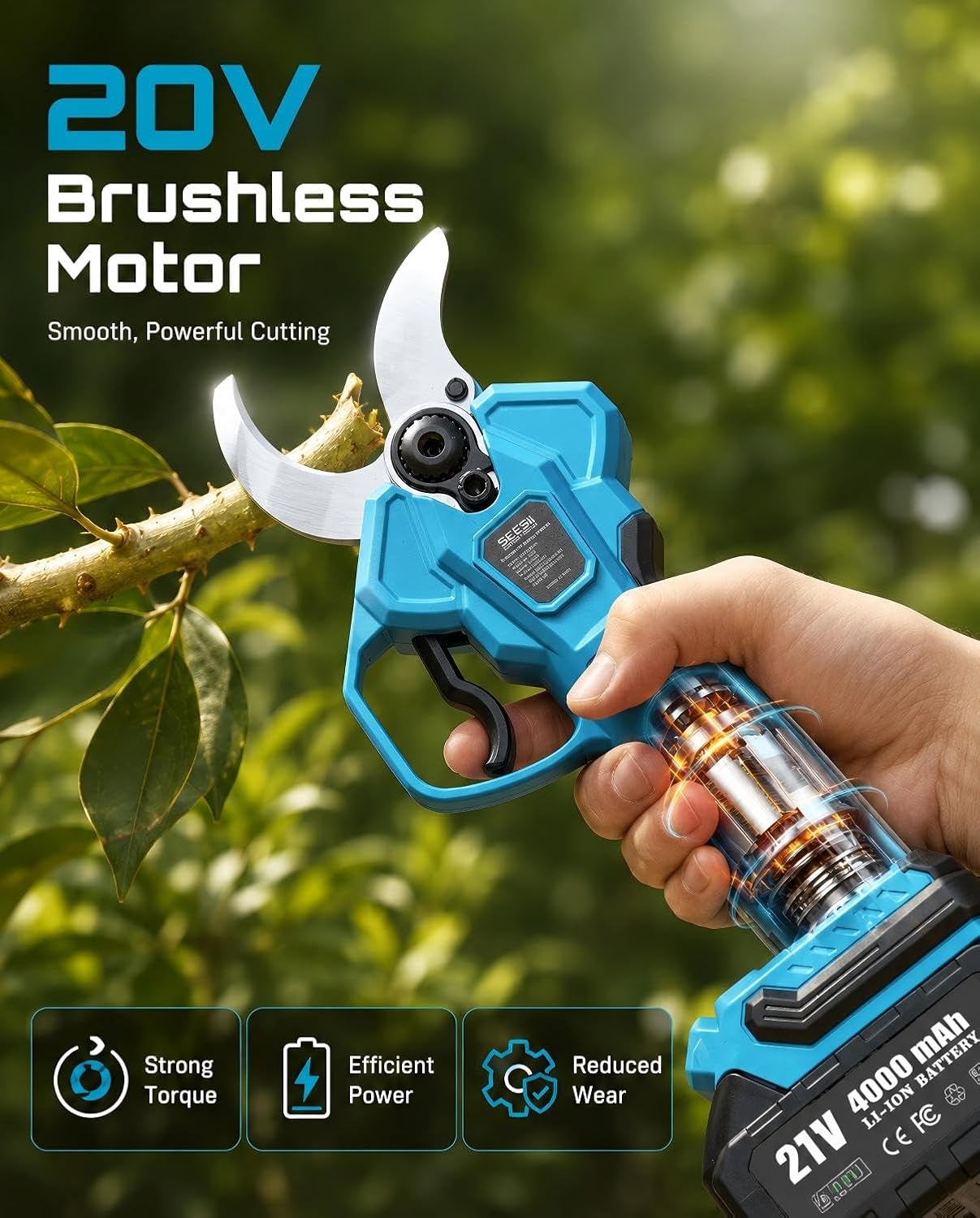 SEESII Electric Pruning Shears, 1.8" Cut Cordless Pruner, 2x4.0Ah Batteries | Brushless Motor, SK5 Blade, LCD Display