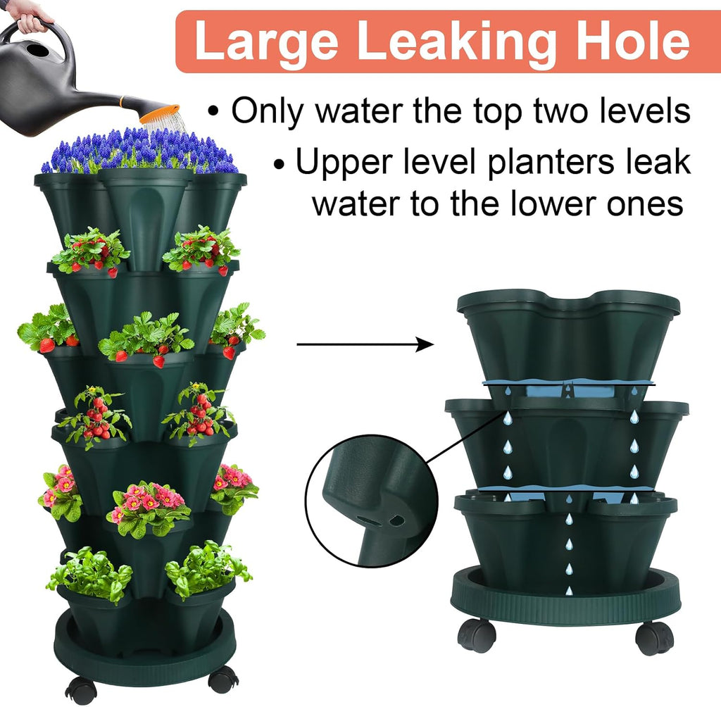 DUNCHATY Stackable Planter, Vertical Strawberry Planter with Garen Tool Set, Self Watering Garden Planter