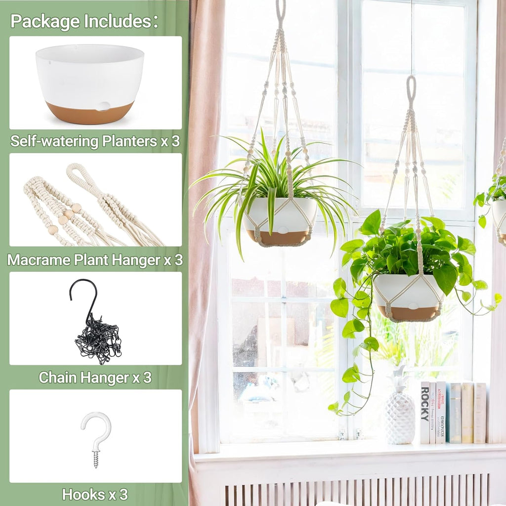 Mkono 3 Pack 10 Inch Hanging Planters for Indoor Plants with Self Watering | Macrame Plant Hangers, 2 Kinds Hanging